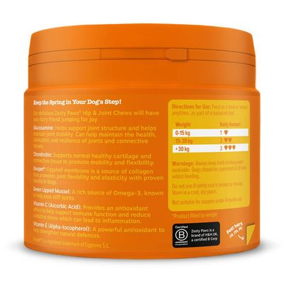 Product label shows feeding guide by weight, key ingredients like glucosamine, chondroitin, green lipped mussel, and usage directions. Warnings and storage advice also visible.