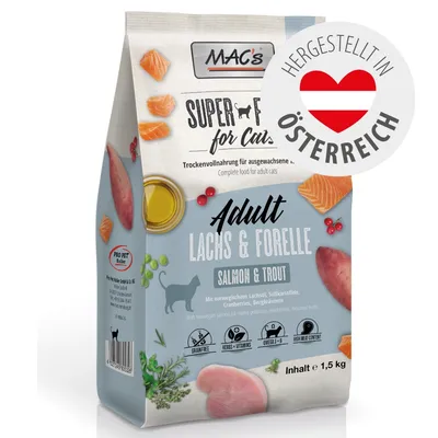 MAC's Super Food for Cats Adult Lachs & Forelle, Trockenfutter mit norwegischem Lachsöl, Süßkartoffeln, Cranberries, Bergkräutern. Hergestellt in Österreich. Inhalt 1,5 kg.