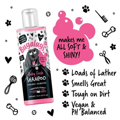 Bugalugs Baby Fresh Shampoo, pH balanced and paraben free. Features: loads of lather, smells great, tough on dirt, vegan, makes coat soft and shiny. 250ml bottle shown.