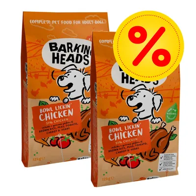 Two bags labelled Bowl Lickin’ Chicken, 51% chicken with brown rice, peas, tomato, carrot and herbs. Large percentage discount symbol shown in yellow circle.