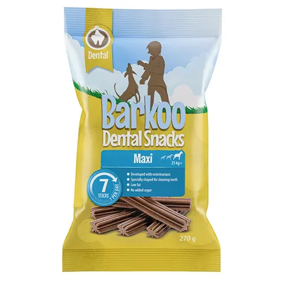 Barkoo Dental Snacks Maxi, 7 sticks per pack, for pets over 25kg. Developed with veterinarians, specially shaped for cleaning teeth, low fat, no added sugar. Pack weight 270g.