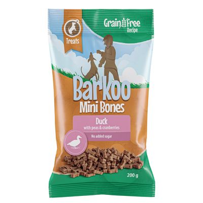 Barkoo Mini Bones (semi–moist) 200 g – receptura bez obilovin s kachním, hráškem a brusinkami
