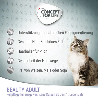Concept for Life Beauty Adult. Pälsvård för vuxna katter från 1 års ålder. Stödjer pälsfärg, hudhälsa, hårbollsfunktion, urinvägar och är vetefritt.