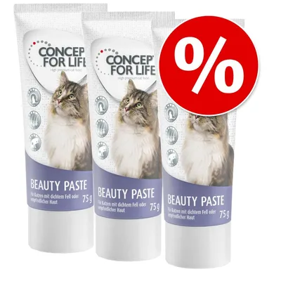 Concept for Life Beauty Paste 75 g, tarjouspakkaus. Tuubissa kuva kissasta ja teksti: Für Katzen mit dichtem Fell oder empfindlicher Haut.