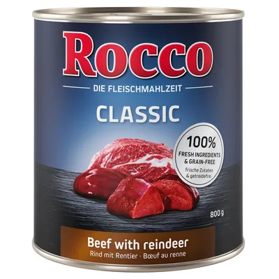 Rocco Classic oksekød med rensdyr, 800g dåse. 100% friske ingredienser og kornfri. Rocco Classic oksekød med rensdyr, 800g dåse. 100% friske ingredienser og kornfri.