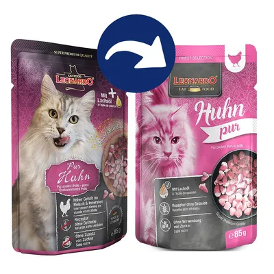 Leonardo Cat Food Huhn pur, mit Lachsöl, ohne Getreide, ohne Zuckerzusatz, hoher Fleischgehalt, 85g Beutel.