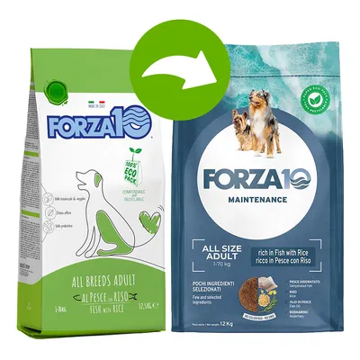Dva obaly krmiva Forza10 pro dospělé psy: vlevo All Breeds Adult Fish with Rice 12,5 kg, vpravo Maintenance All Size Adult rich in Fish with Rice 12 kg. Zelená šipka mezi obaly.