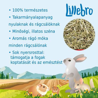 Lillebro. 100% természetes takarmányalapanyag nyulaknak és rágcsálóknak, minőségi illatos széna, aromás rágó móka, sok nyersrosttal a fogak koptatásához és emésztéshez.