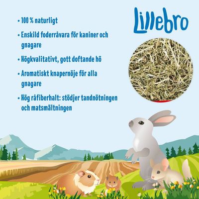 Lillebro. 100 % naturligt, enskild foderråvara för kaniner och gnagare, högkvalitativt hö, aromatiskt knapernöje, hög råfiberhalt som stödjer tandnötning och matsmältning.
