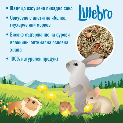 Lillebro. Щадящо изсушено ливадно сено, овкусено с ябълка, глухарче или морков. Високо съдържание на сурови влакнини. 100% натурален продукт.