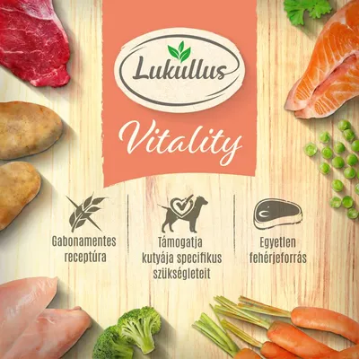 Lukullus Vitality. Gabonamentes receptúra, támogatja kutyája specifikus szükségleteit, egyetlen fehérjeforrás. Hús, zöldség és burgonya képekkel.