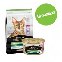 Purina Pro Plan Sterilised pour chat, sachet Renal Plus et boîte Maintenance. Texte visible : Bi-nutrition, isfm, No1 Turkey Dinde Hindi Eti, Designed to be recyclable.