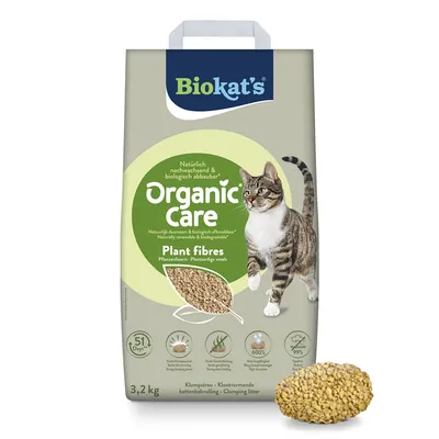 Biokat's Organic Care areia aglomerante, 3,2 kg. Fibras vegetais, naturalmente renováveis e biodegradáveis, forte formação de aglomerados, alta capacidade de absorção, 99% livre de pó.
