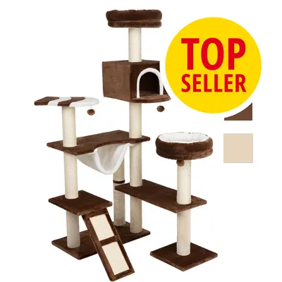 Rascador para gatos de varios niveles con postes de sisal, cueva, hamaca y cama. Etiqueta visible: TOP SELLER. Colores marrón y beige mostrados en recuadros.