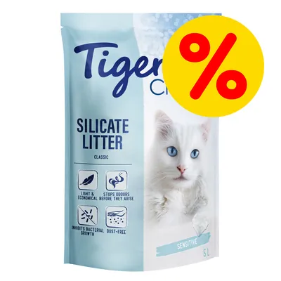 Tigerino Crystals Silicate Litter Classic Sensitive 5L, obrázek kočky, ikony: light & economical, stops odours, inhibits bacterial growth, dust-free, žluté procento na akci.