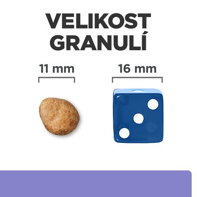 Velikost granulí: granule 11 mm vedle modré kostky 16 mm pro porovnání velikosti.