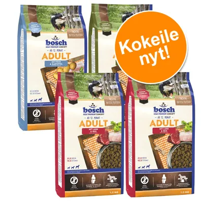 bosch High Premium Concept Adult -koiranruokapakkaukset: mit Fisch & Kartoffel, mit Lamm & Reis. Oranssi ympyrä tekstillä 'Kokeile nyt!'. Näkyvissä ravintosisältö: 21,5 % proteiinia, 10,5 % rasvaa.
