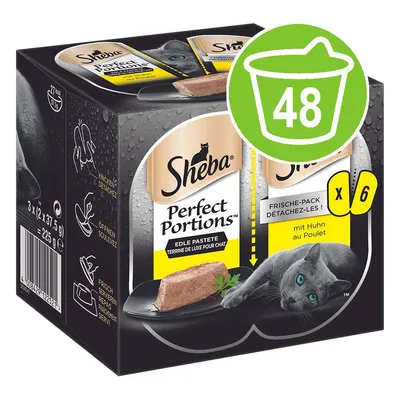 Sheba Perfect Portions Edle Pastete mit Huhn, x6 packs, 225g. Green icon with bucket and number 48 top right. Visible instructions and barcode on side. Sheba Perfect Portions Edle Pastete mit Huhn, x6 packs, 225g. Green icon with bucket and number 48 top right. Visible instructions and barcode on side.