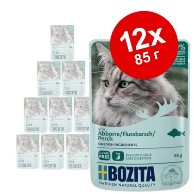 Bozita пауч за котки с риба, 12×85 г. Видими надписи: 'Grain Free', 'Delicious Taste Easy Digestion', 'Swedish Ingredients', '100%'. Опаковка със снимка на котка. Bozita пауч за котки с риба, 12×85 г. Видими надписи: 'Grain Free', 'Delicious Taste Easy Digestion', 'Swedish Ingredients', '100%'. Опаковка със снимка на котка.