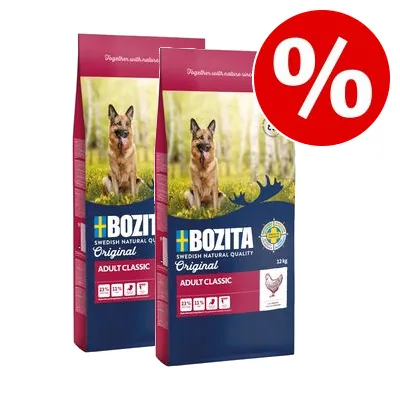 Två påsar Bozita Original Adult Classic hundfoder 12 kg med bild på schäfer, röd rabattikon med procenttecken synlig uppe till höger.