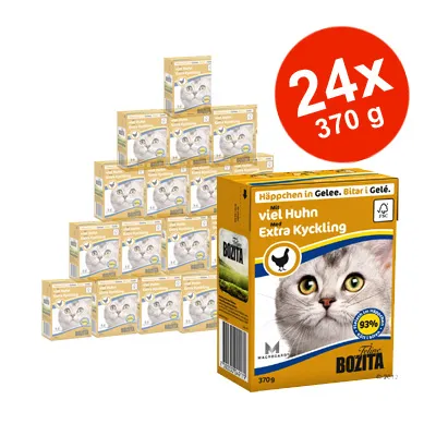 Felix Bozita cat food, 24 x 370g packs. Packaging shows a grey cat and text: Häppchen in Gelee, viel Huhn, Extra Kyckling, 93%. Large red circle with 24x 370g.