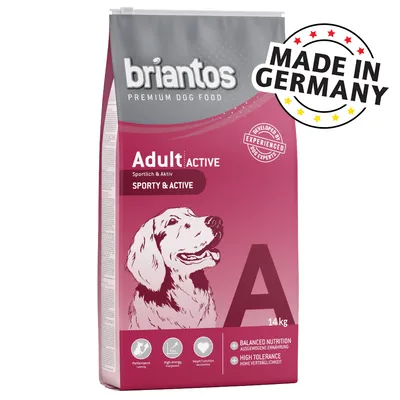 briantos PREMIUM DOG FOOD Adult ACTIVE SPORTY & ACTIVE, 14 kg, MADE IN GERMANY, BALANCED NUTRITION, HIGH TOLERANCE, vyobrazení psa na obalu briantos PREMIUM DOG FOOD Adult ACTIVE SPORTY & ACTIVE, 14 kg, MADE IN GERMANY, BALANCED NUTRITION, HIGH TOLERANCE, vyobrazení psa na obalu