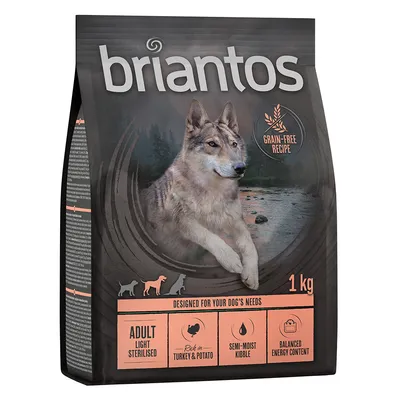 Briantos Adult Light Sterilised, receta sin cereales, rico en pavo y patata, croquetas semihúmedas, contenido energético equilibrado, paquete de 1 kg.
