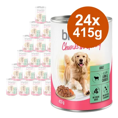 Set 24 conserve Briantos Chunks in Gravy, 415 g fiecare, pentru câini adulți, cu miel și morcovi. Etichete: fără zahăr adăugat, fără arome artificiale.