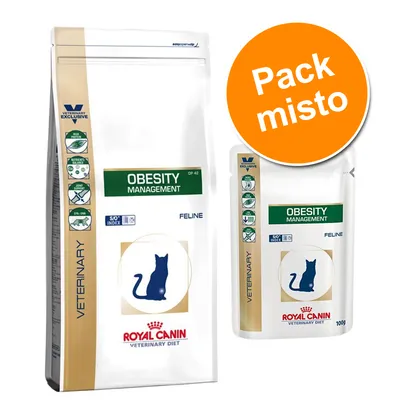 Royal Canin Veterinary Diet Obesity Management Feline, embalagem grande e saqueta pequena, texto visível: Pack misto, S/O Index, 100 g.