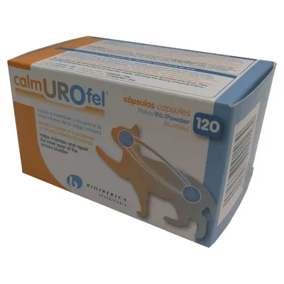 Calmurofel capsules, 120 pieces. Supports repair and maintenance of the inner bladder lining in cats. Bioiberica Veterinaria.