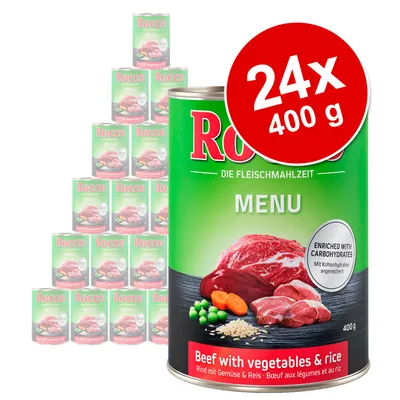 Pack de 24 latas Rocco Menu, 400 g cada. Texto visível: 'Beef with vegetables & rice', 'Enriched with carbohydrates'. Imagem de carne, ervilhas, cenoura e arroz na lata.