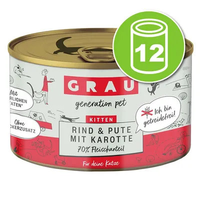 GRAU generation pet Kitten Rind & Pute mit Karotte 70% Fleischanteil, pack de 12 boîtes. Texte en allemand : sans céréales, sans sucre ajouté, ingrédients naturels.