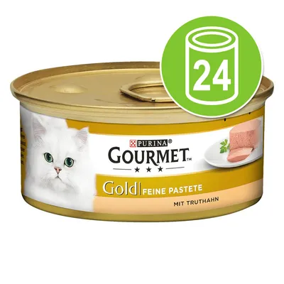 Purina Gourmet Gold фина пастетa с пуйка, 24 консерви. Показана: консерва със златиста опаковка и пастет от пуйка в чиния.