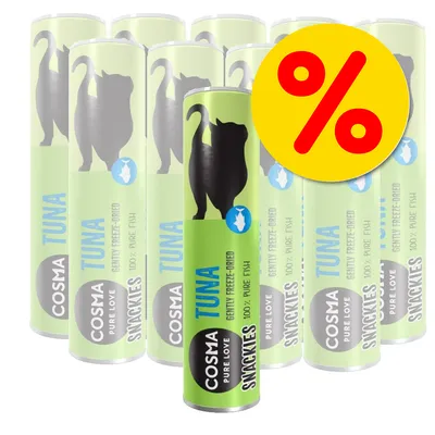 Cosma Pure Love Snackies Tuna, gently freeze-dried, 100% pure fish. Mehrere grüne Dosen mit Katzenmotiv und gelbem Prozentzeichen für Rabattaktion.