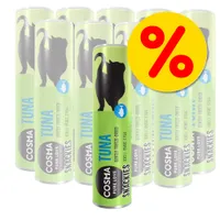 Cosma Pure Love Snackies Tuna, gently freeze-dried, 100% pure fish. Mehrere grüne Dosen mit Katzenmotiv und gelbem Prozentzeichen für Rabattaktion.