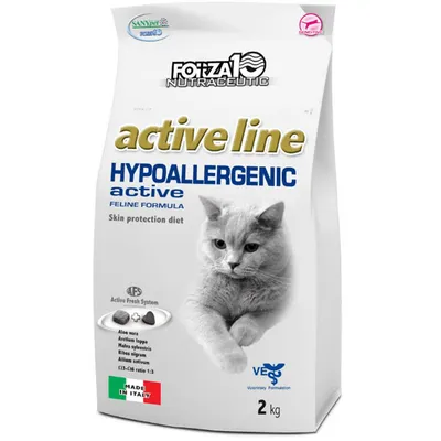 Embalagem de Forza10 Nutraceutic active line Hypoallergenic active Feline Formula, dieta para proteção da pele, 2 kg. Inclui ingredientes: aloe vera, arctium lappa, made in Italy.
