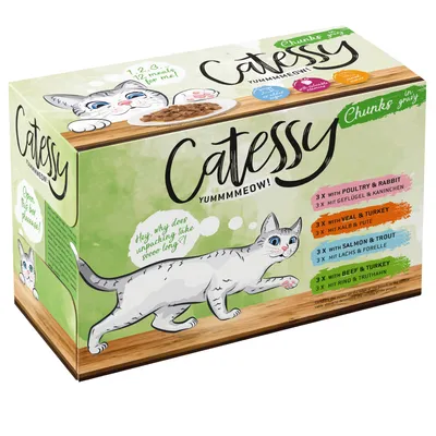 Catessy Chunks i sovs, 12-mix: 3x fjerkræ & kanin, 3x kalv & kalkun, 3x laks & ørred, 3x oksekød & kalkun. Emballage med tegneseriekat og produktbeskrivelse.