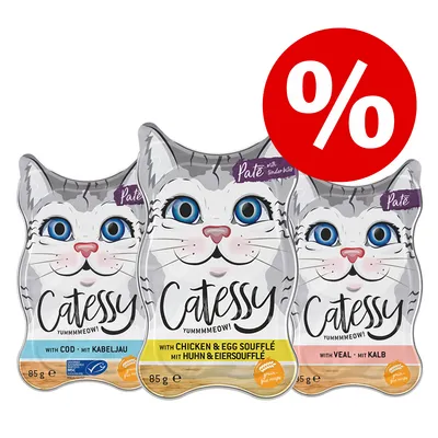 Catessy kattefoder pâté, varianter torsk, kylling & æggesoufflé, kalv, 85g hver. Rødt procenttegn for rabat synligt.