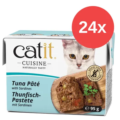 Caja de Catit Cuisine Tuna Pâté with Sardines, 24 unidades de 95 g, sin cereales. Imagen del producto y texto en inglés y alemán visibles en el envase.