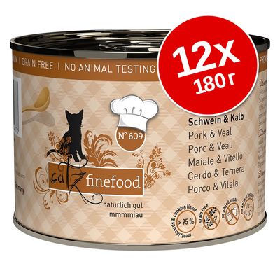 Консервы catz finefood №609 Schwein & Kalb, 12×180 г. Видны надписи: без злаков, без тестирования на животных, 95 % мяса и бульона, без сахара, без добавок.