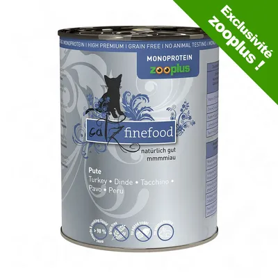 Boîte catz finefood Pute (dinde), monoprotein, exclusivité zooplus, sans céréales, sans tests sur animaux, 98 % viande, textes en allemand et anglais visibles sur l’étiquette.
