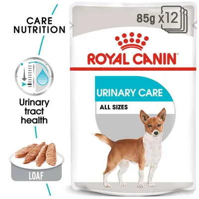 Urinary care food, 85g x12 packs, supports urinary tract health, loaf texture, suitable for all sizes. Care nutrition highlighted.