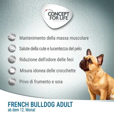 Concept for Life. Mantenimento della massa muscolare, salute della cute e lucentezza del pelo, riduzione dell'odore delle feci, misura idonea delle crocchette, privo di frumento e soia.