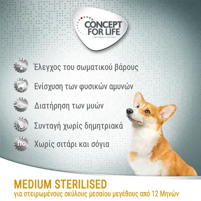 CONCEPT FOR LIFE. Έλεγχος του σωματικού βάρους, ενίσχυση των φυσικών αμυνών, διατήρηση των μυών, συνταγή χωρίς δημητριακά, χωρίς σιτάρι και σόγια. MEDIUM STERILISED για στειρωμένους σκύλους μεσαίου μεγέθους από 12 μηνών.