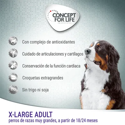 Concept for Life. Con complejo de antioxidantes, cuidado de articulaciones y cartílagos, conservación de la función cardiaca, croquetas extragrandes, sin trigo ni soja. X-Large Adult perros de razas muy grandes, a partir de 18/24 meses.