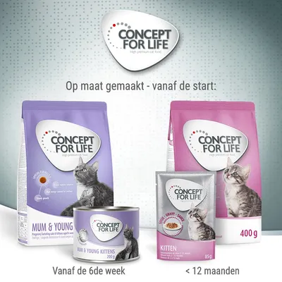 Concept for Life kattenvoer voor kittens: Mum & Young Kittens vanaf de 6de week, Kitten tot 12 maanden, verpakkingen van 200 g, 85 g en 400 g zichtbaar.