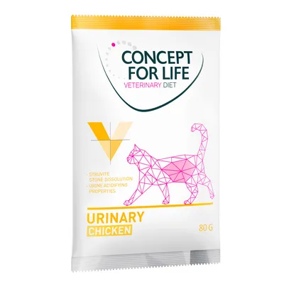 Concept for Life Veterinary Diet Urinary Chicken, 80g. Opløsning af struvitsten og urinansurende egenskaber. Emballage med geometrisk kattebillede.