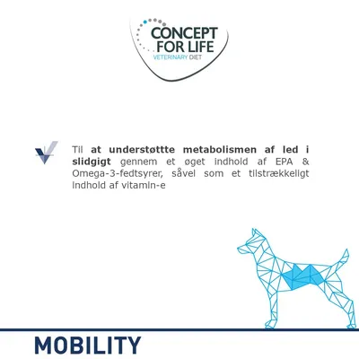 CONCEPT FOR LIFE VETERINARY DIET. Til at understøtte metabolismen af led i slidgigt gennem øget indhold af EPA & Omega-3-fedtsyrer samt tilstrækkeligt vitamin-e. MOBILITY.
