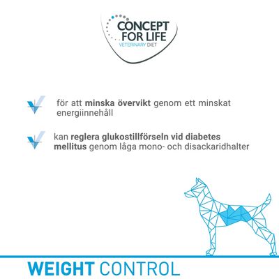 Concept for Life Veterinary Diet. För att minska övervikt genom minskat energiinnehåll, kan reglera glukostillförseln vid diabetes mellitus genom låga mono- och disackaridhalter. WEIGHT CONTROL.