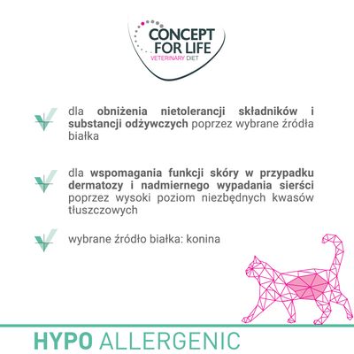 Concept for Life Veterinary Diet. Obniżenie nietolerancji składników, wsparcie skóry przy dermatozach i wypadaniu sierści, wybrane źródło białka: konina. HYPO ALLERGENIC.